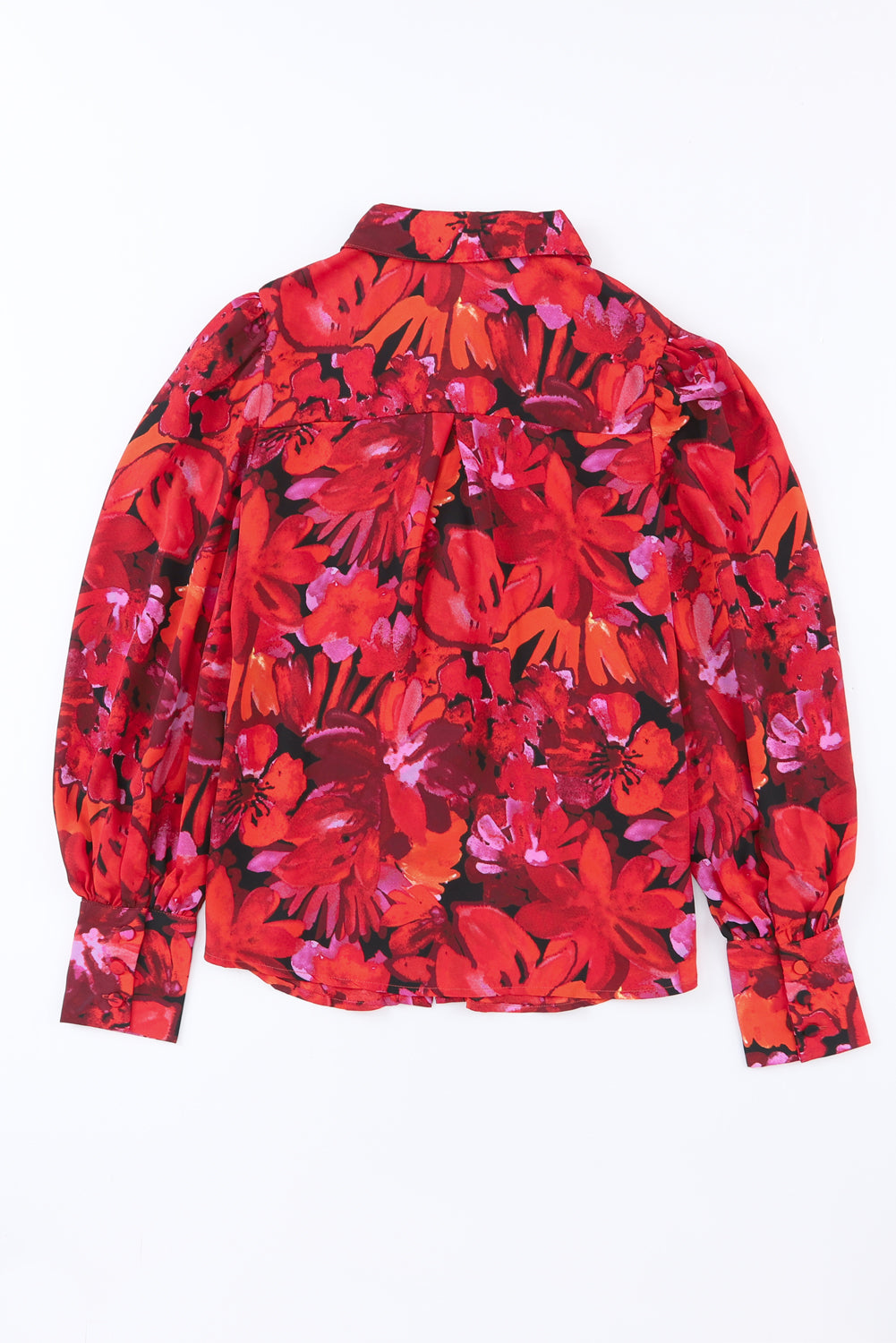 Fiery Red Floral Print Lantern Sleeve Shirt