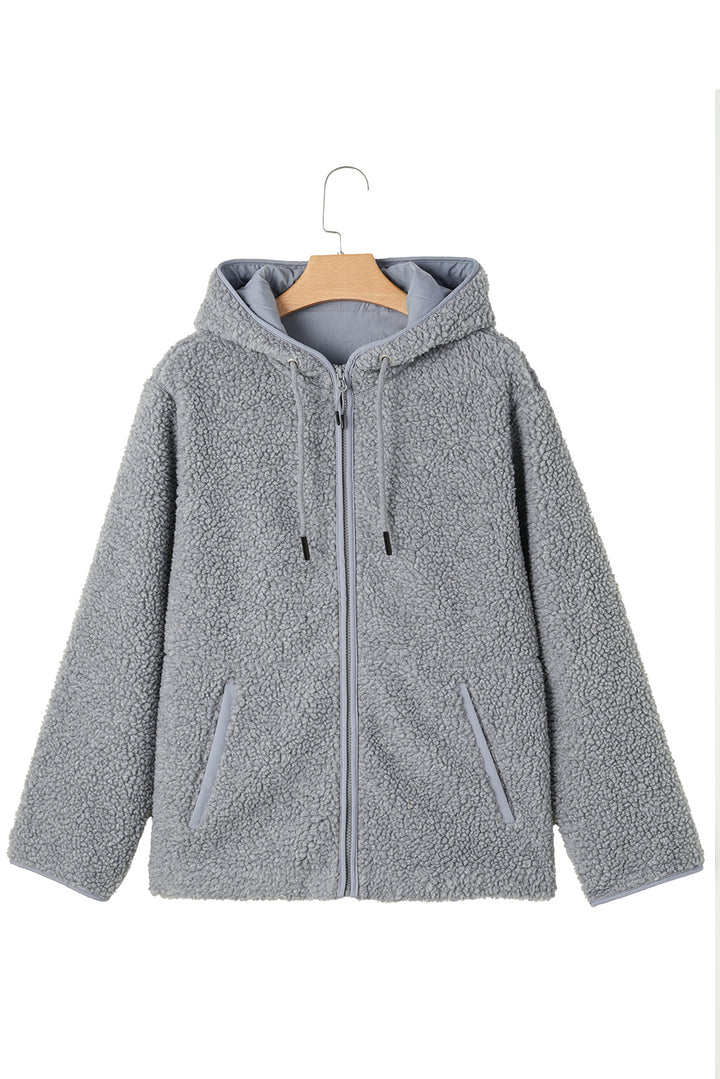 Medium Grey Fleece Zip Up Drawstring Hooded Pocketed Jacket