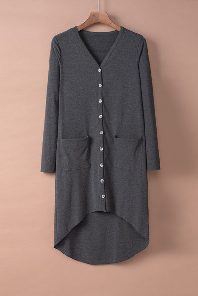 Gray Selected Button Down Pocketed High Low Cardigan