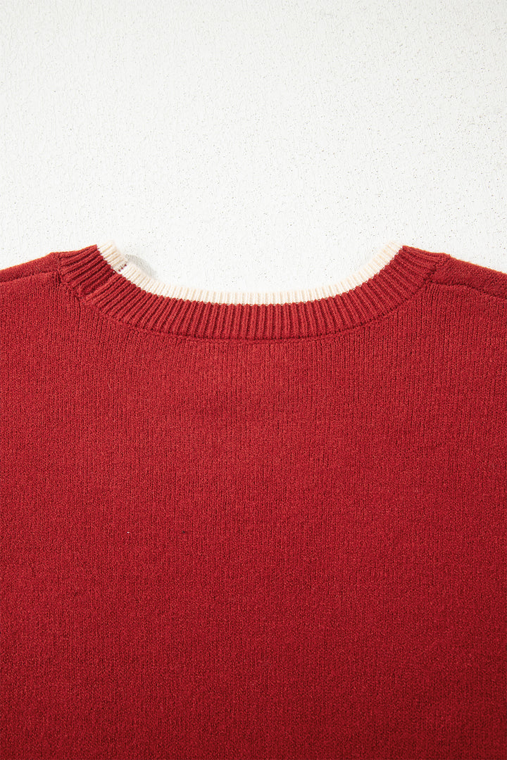 Racing Red Leopard Bow Decor Split Cuff Contrast Trim Sweater