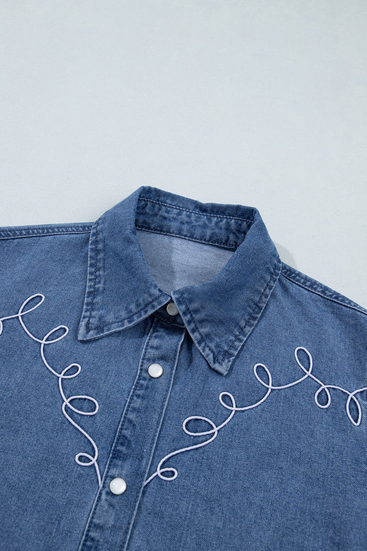 Dusk Blue Western Embroidered Collar Long Sleeve Denim Shirt