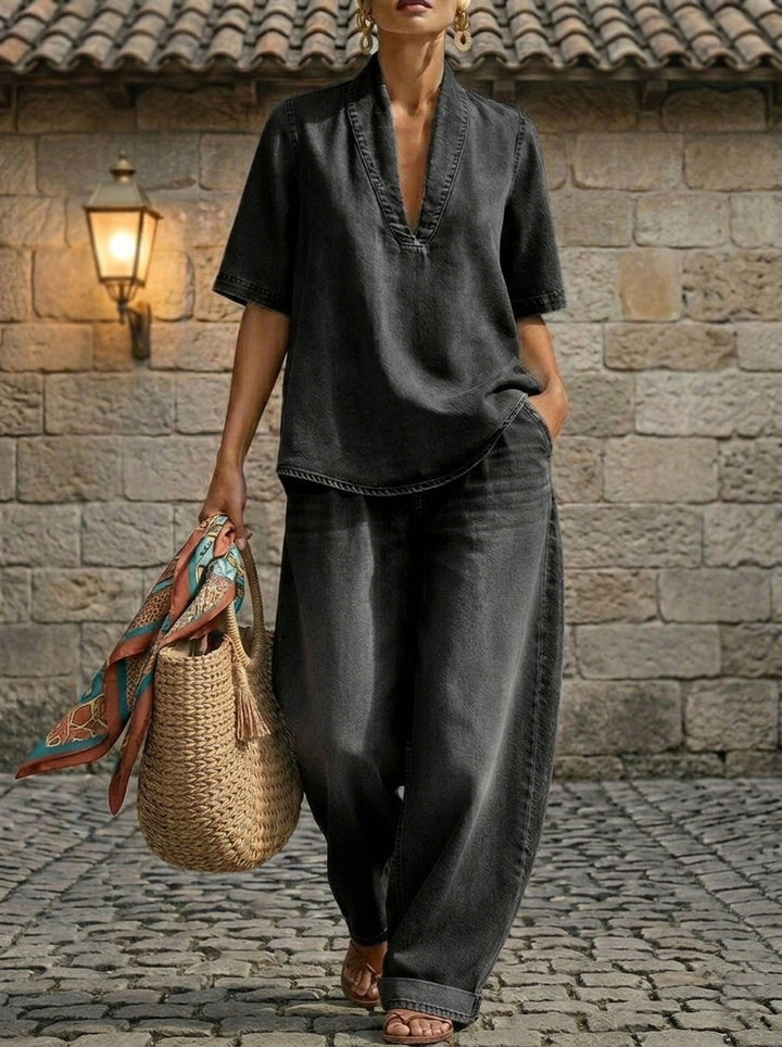 Retro V-Neck Washed Denim Top &amp; Wide-Leg Pants Set – 3 Colors, S–3XL