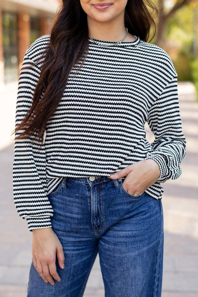 Black Stripe Round Neck Drop Shoulder Long Sleeve Top