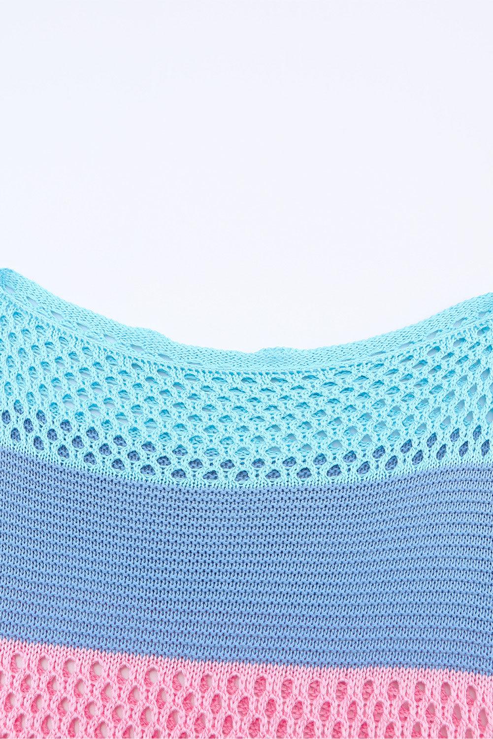 Sky Blue Knitted Eyelet Colorblock Striped Half Sleeves Top