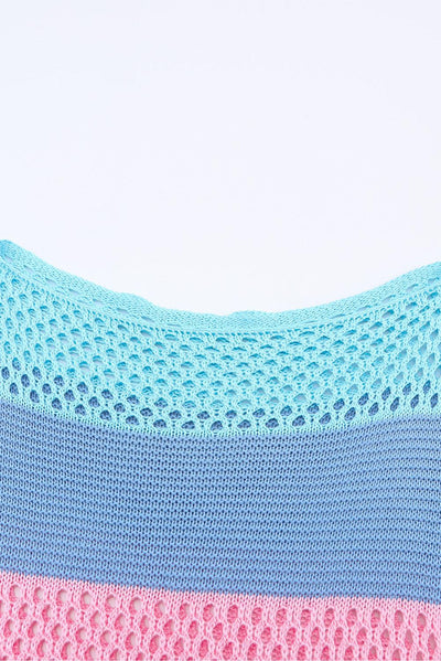 Sky Blue Knitted Eyelet Colorblock Striped Half Sleeves Top