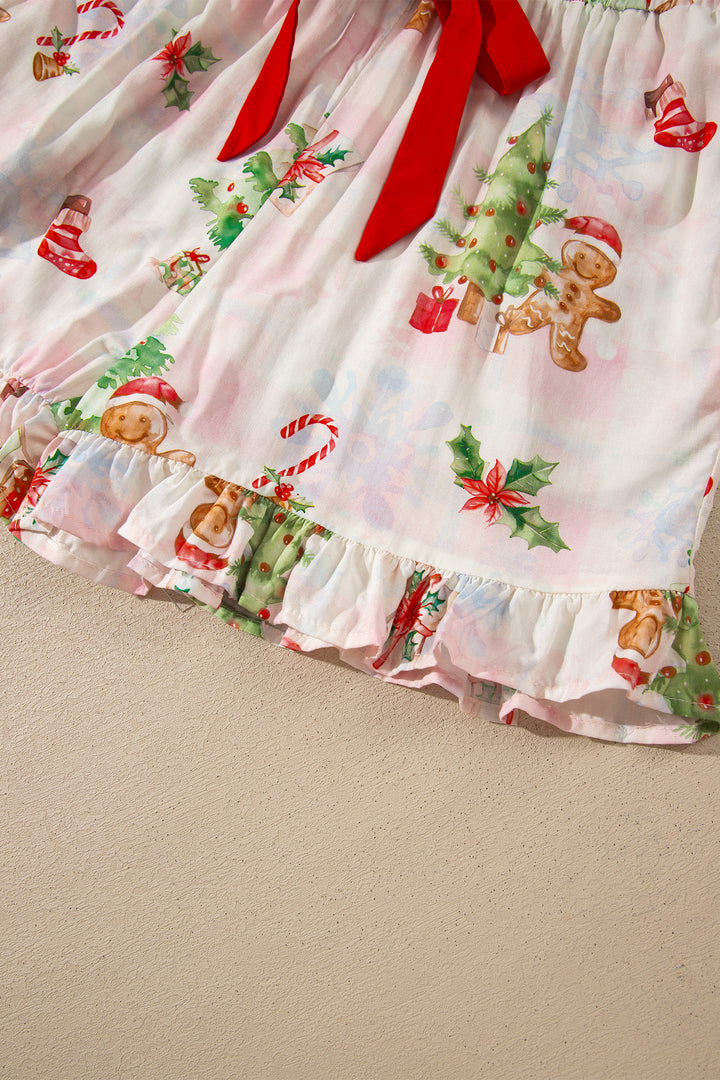 Pink Abstract Christmas Print Long Sleeve Two Piece Shift Lounge Set