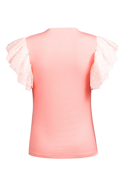 Pink Dotty Mesh Ruffle Sleeve Ribbed Knit Top