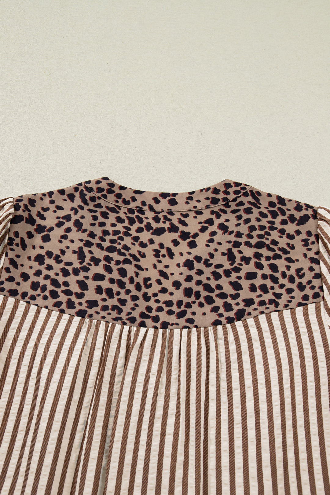 Brown Stripe Leopard Trim V Neck Button Down Half Sleeve Shirt