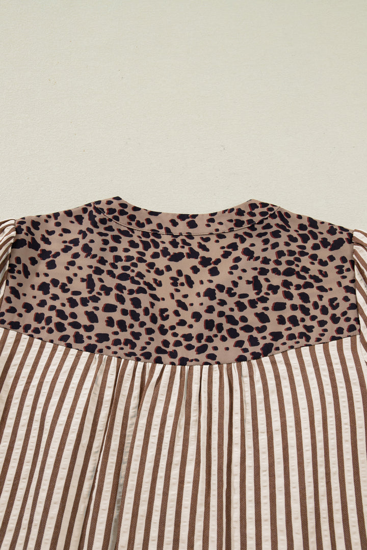 Brown Stripe Leopard Trim V Neck Button Down Half Sleeve Shirt