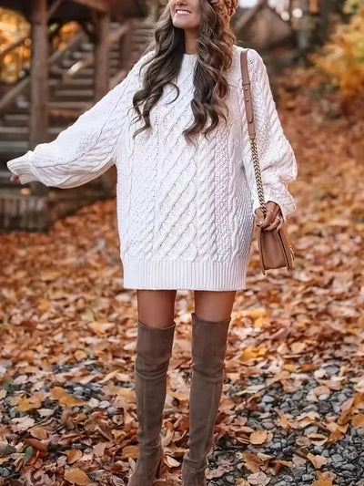 Cozy Cable Knit Long Sleeve Crew Neck Sweater Mini Dress