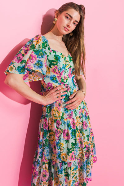 YOUR PLACE OR MINE FLORAL WOVEN MIDI DRESS