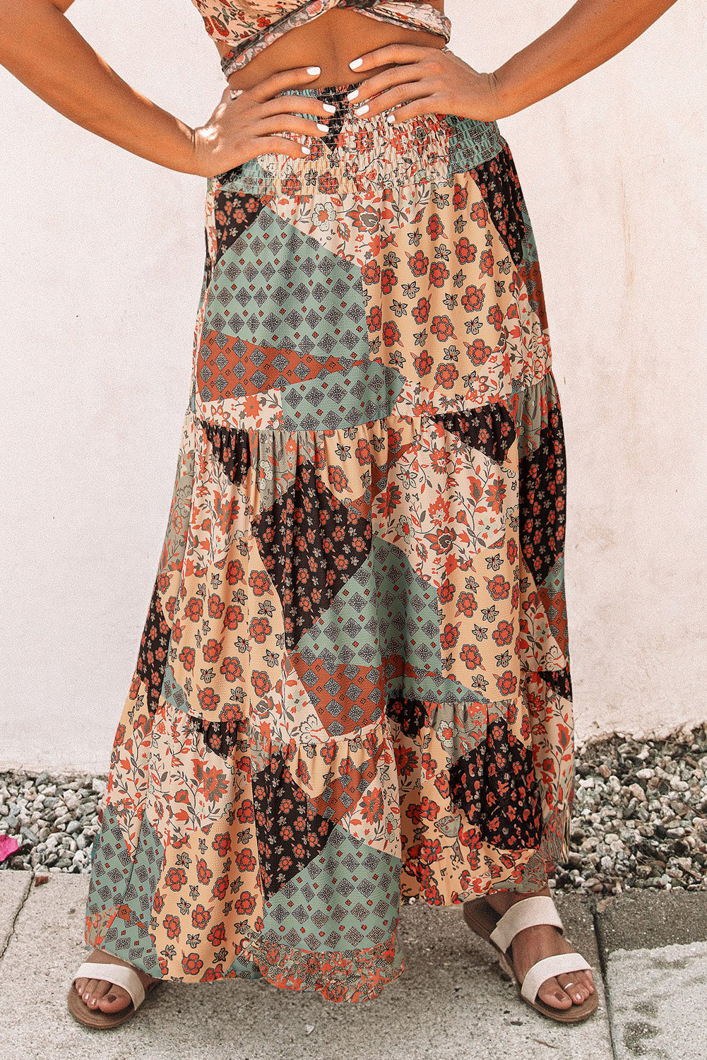 Multicolor Boho Print Tie-Up Waist Long Maxi Skirt
