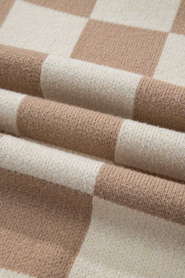 Grapefruit Orange Checkered Pattern Ribbed Trim Knit Baggy Sweater