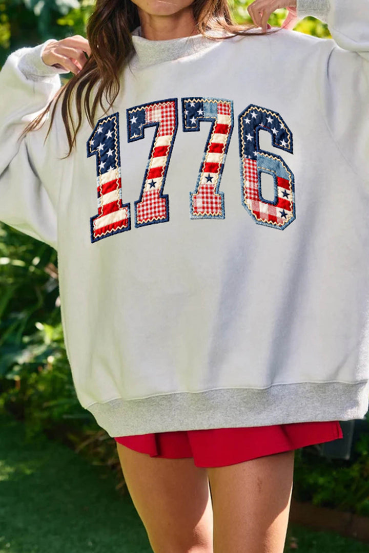 Light Grey AMERICA 1776 Faux Patchwork Print Reversible Mock Neck Sweatshirt