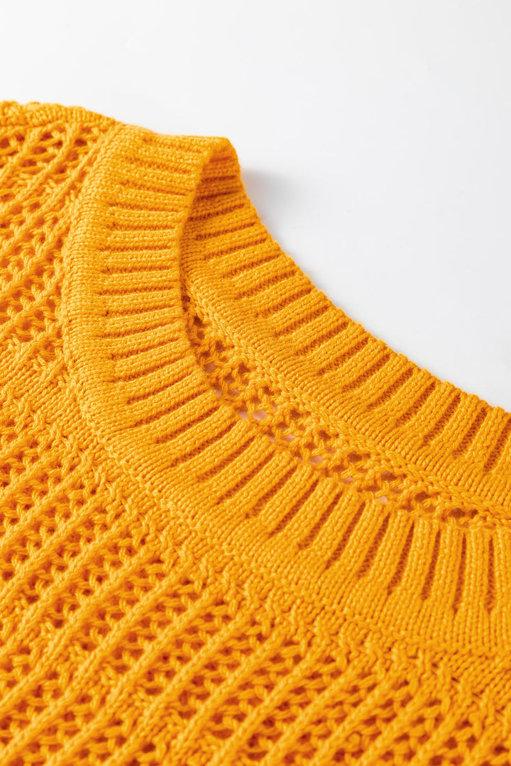 Mustard Hollow out Openwork Knit 3/4 Sleeve Sweater