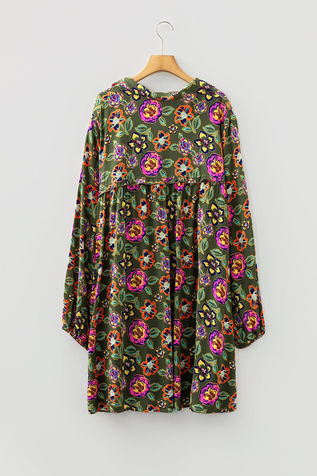 Green Plus Size Floral Print Collared V Neck Loose Mini Dress