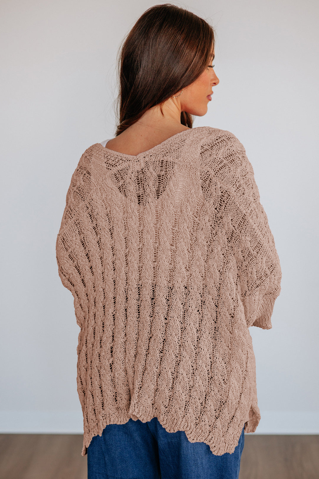 Old Rose Hollowed Pattern Knit Drop Shoulder Open Sweater Cardigan