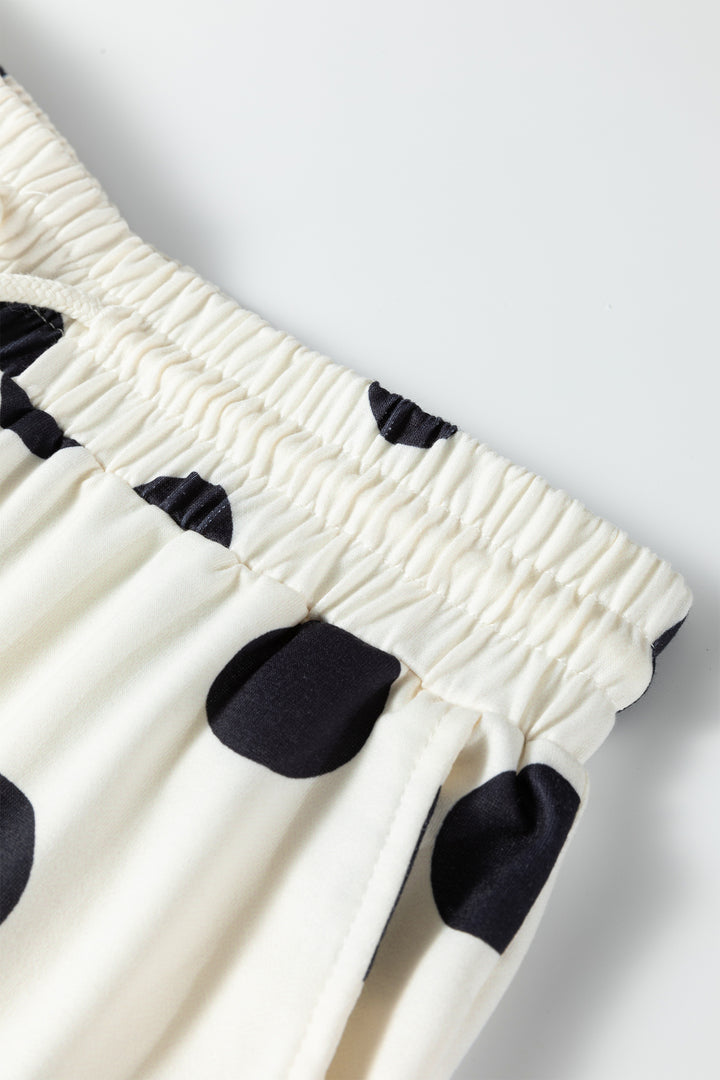 Beige Polka Dot Print Drop Shoulder Pullover Drawstring Jogger Pant Set