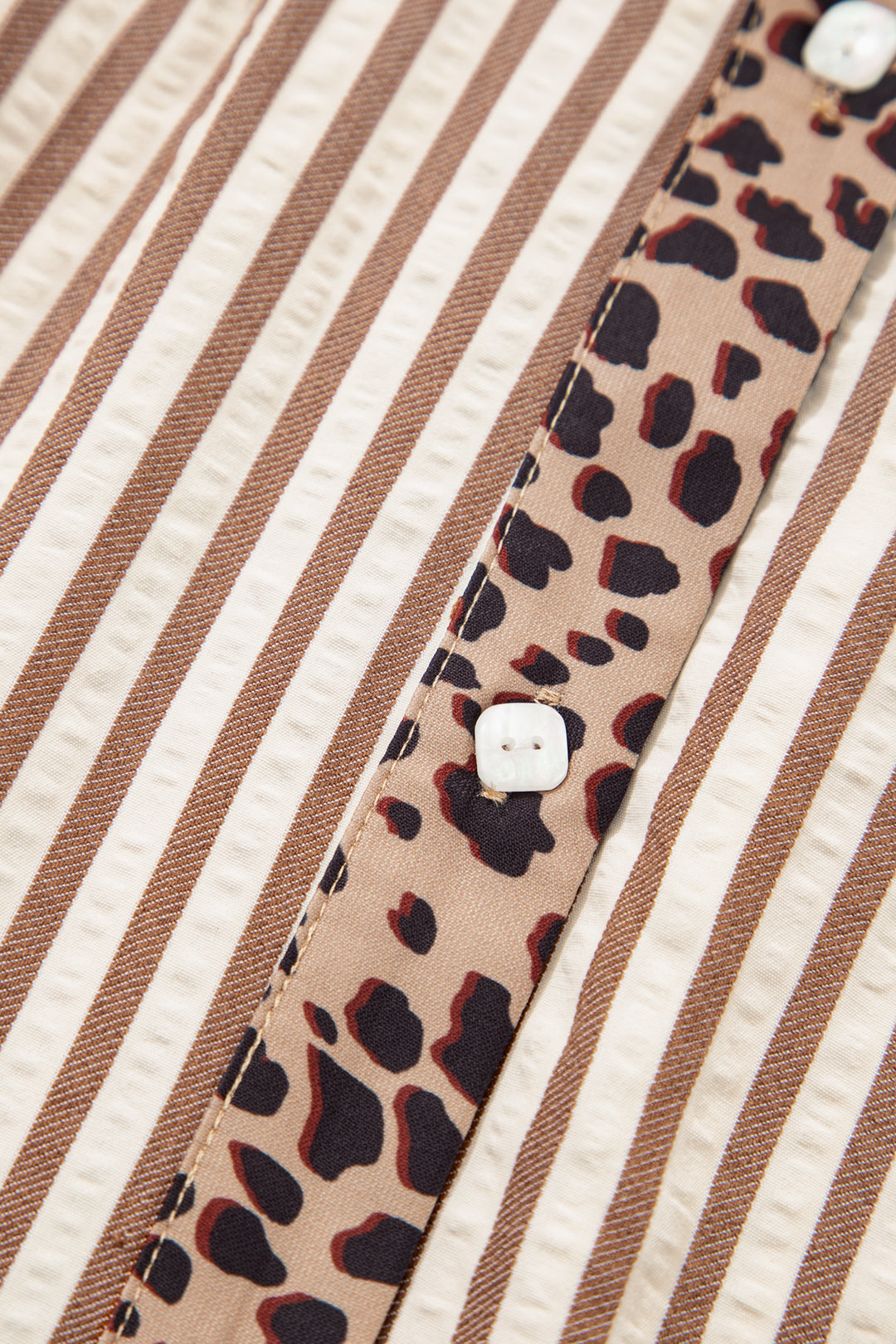 Khaki Stripe Square Button Leopard Trim Loose Bracelet Sleeve Shirt Dress