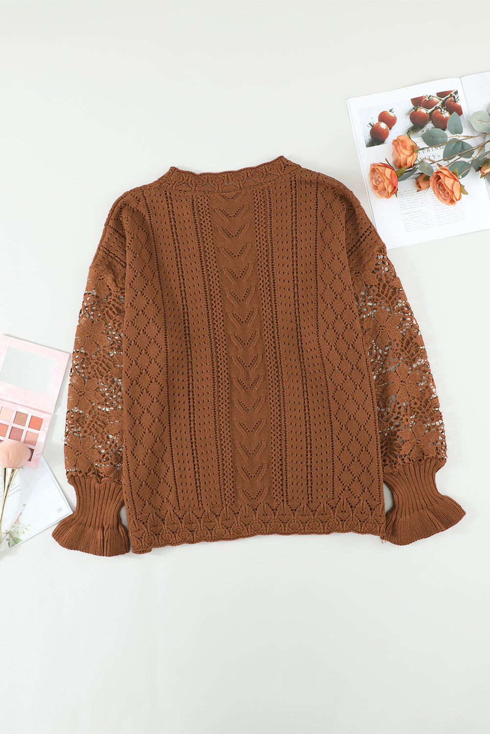 Brown Crochet Lace Pointelle Knit Sweater