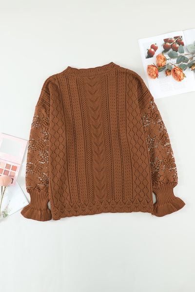 Brown Crochet Lace Pointelle Knit Sweater