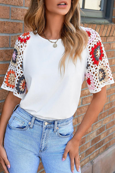 White Floral Crochet Short Sleeve Top