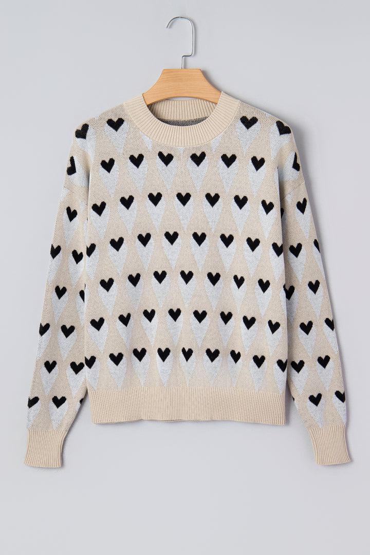 Parchment Geometric Heart Print Ribbed Trim Loose Sweater