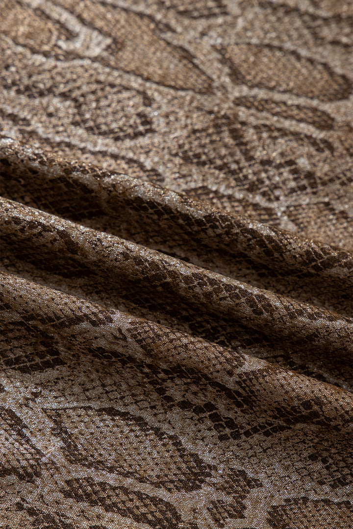 Brown Polo Collared V Neck Short Sleeve Metallic Leopard Blouse