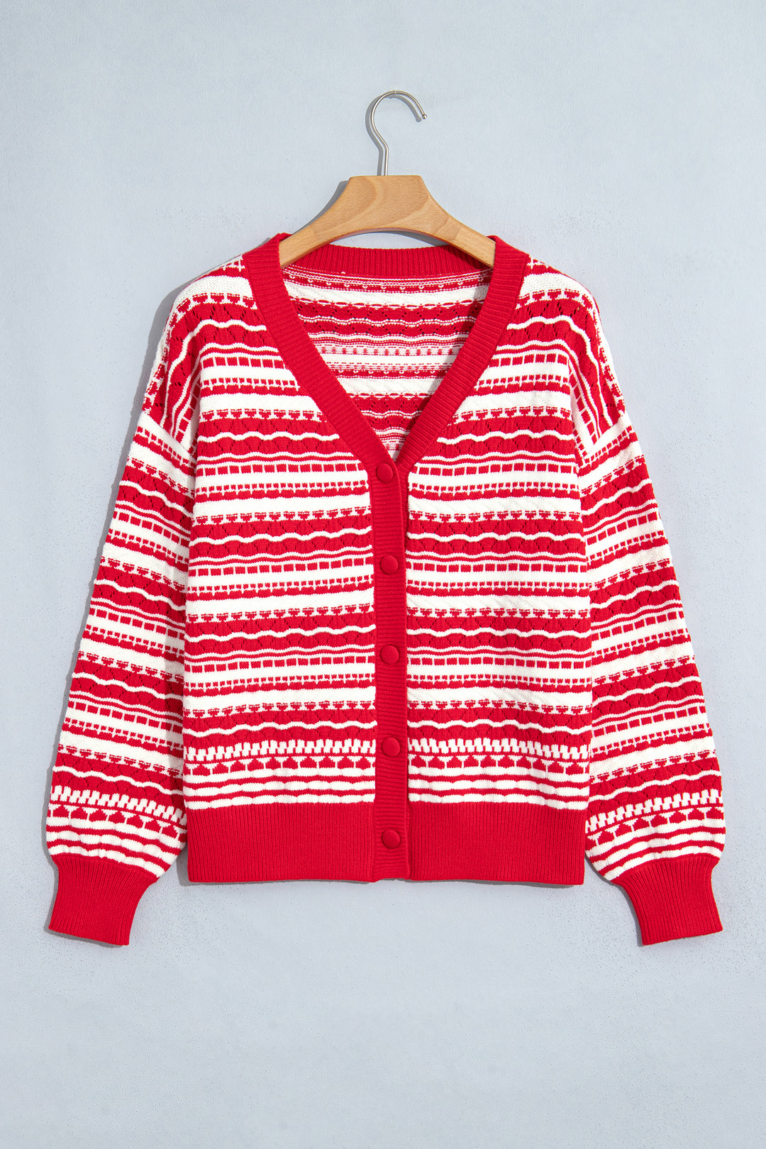 Red Geometric Striped Pattern V Neck Button Front Casual Knit Cardigan
