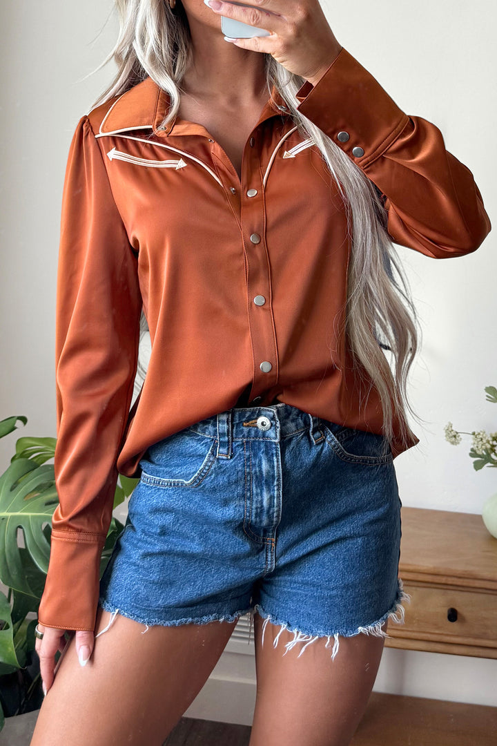 Cinnamon Silky Long Sleeve Button Front Western Fashion Shirt