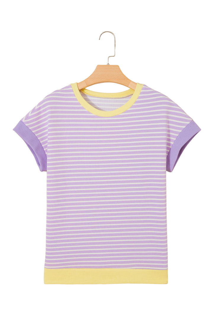 Purple Stripe Striped Colorblock Paneling Collar Cuff Hem Texture T-Shirt