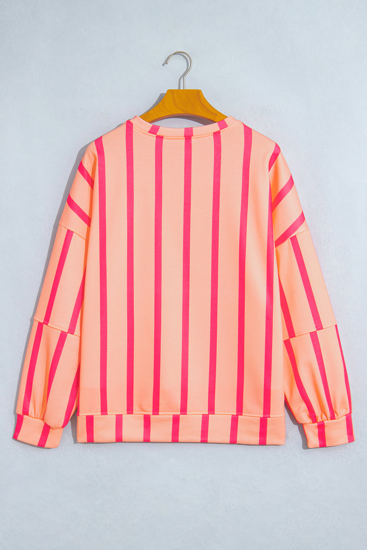 Pink Stripe Dropped Shoulder Round Neck Casual Sweatshirt