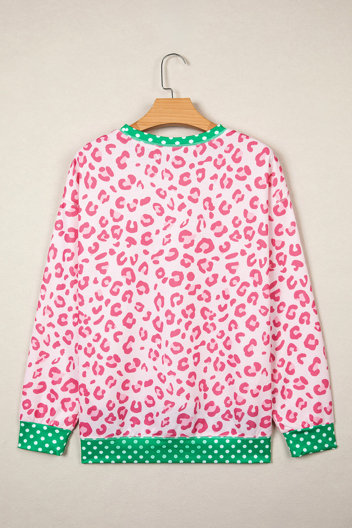 Khaki Leopard Polka Dot Colorblock Trim Long Sleeve Top