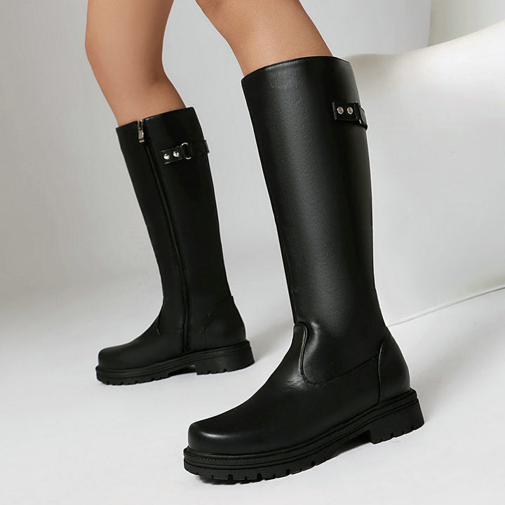 Women’s Retro British-Style Riding Boots – Leather Belt Buckle Knee Boots