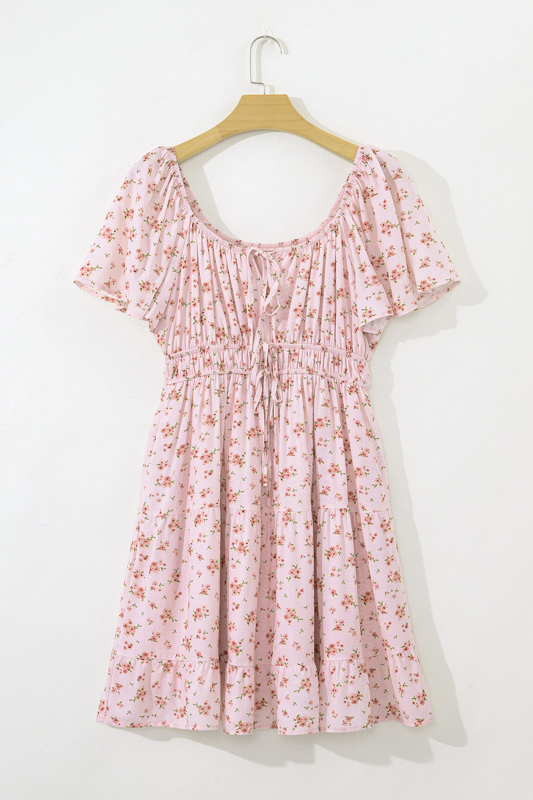 Pink Front Tie Shirred Waist Short Sleeve Ruffled Floral Mini Dress