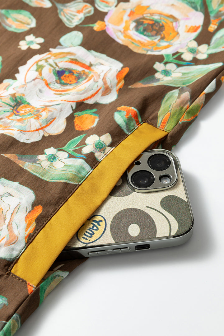 Brown Floral Print Contrast Trim V Neck Pocketed Long Sleeve Mini Dress