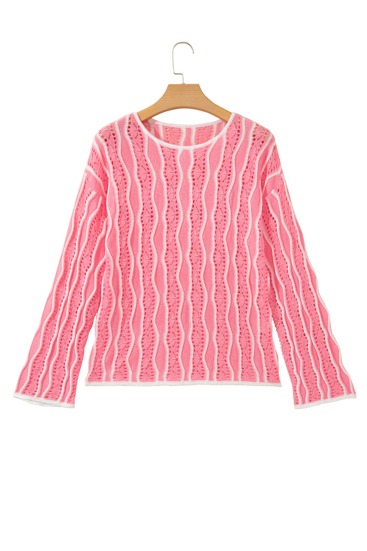 Khaki Wavy Detail Hollow Out Knit Long Sleeve Cotton Pullover Sweater