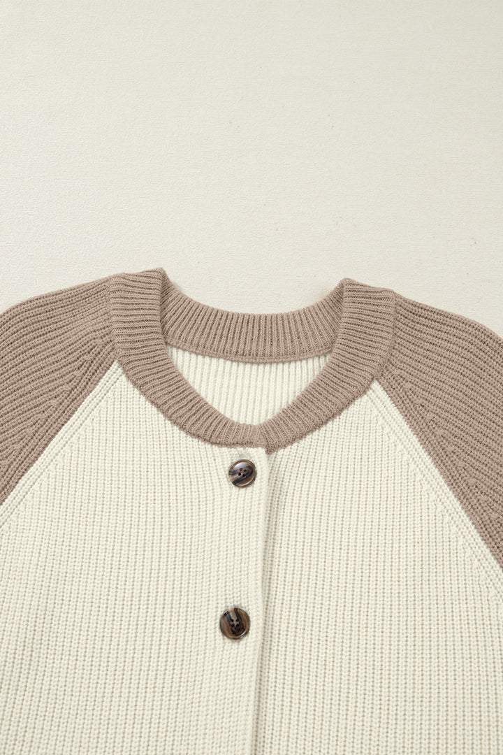 White Color Block Ribbed Knit Button Down Sweater Cardigan