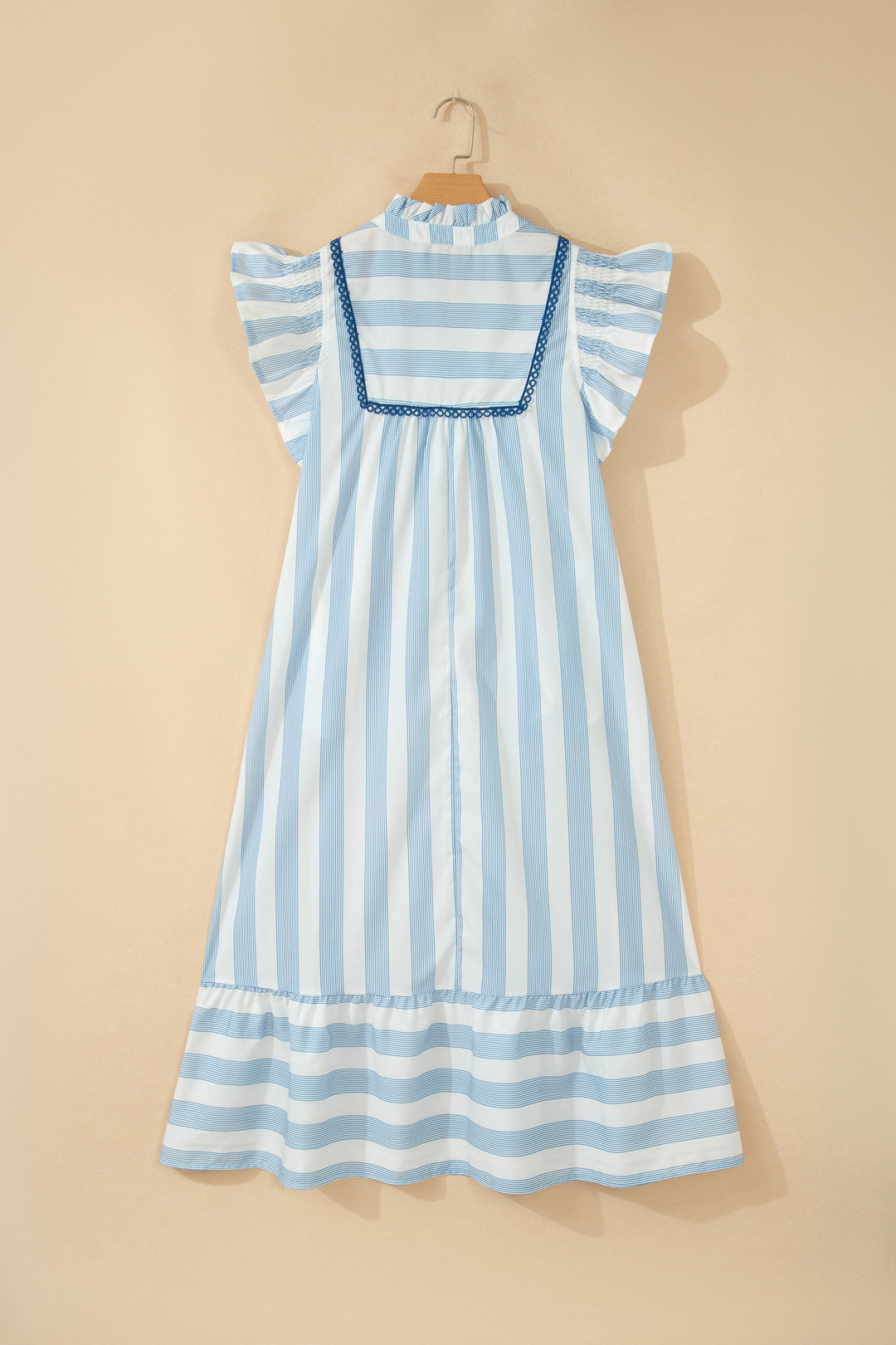 Sky Blue Stripe Subtle Lace Detail V Neck Ruffle Trim Casual Dress