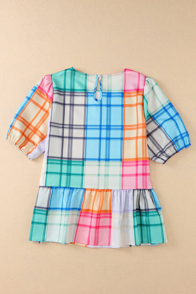 Multicolor Bold Plaid Color Block Puff Sleeve Peplum Top