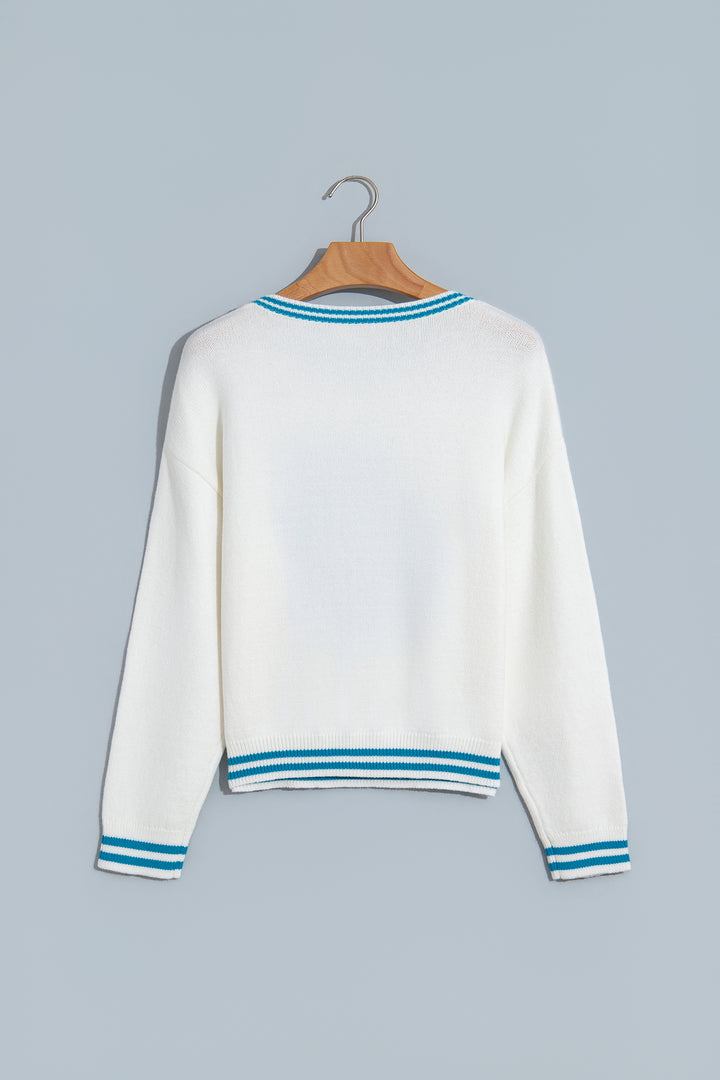Light Blue Bulldog Contrast Trim Round Neck Casual Sweater