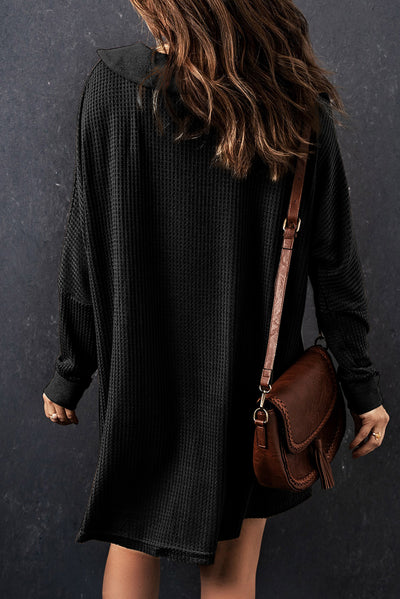 Black Waffle Knit Buttoned Long Sleeve Top