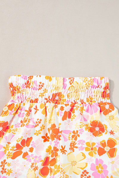 Orange Boho Floral Shirred High Waist Casual Shorts