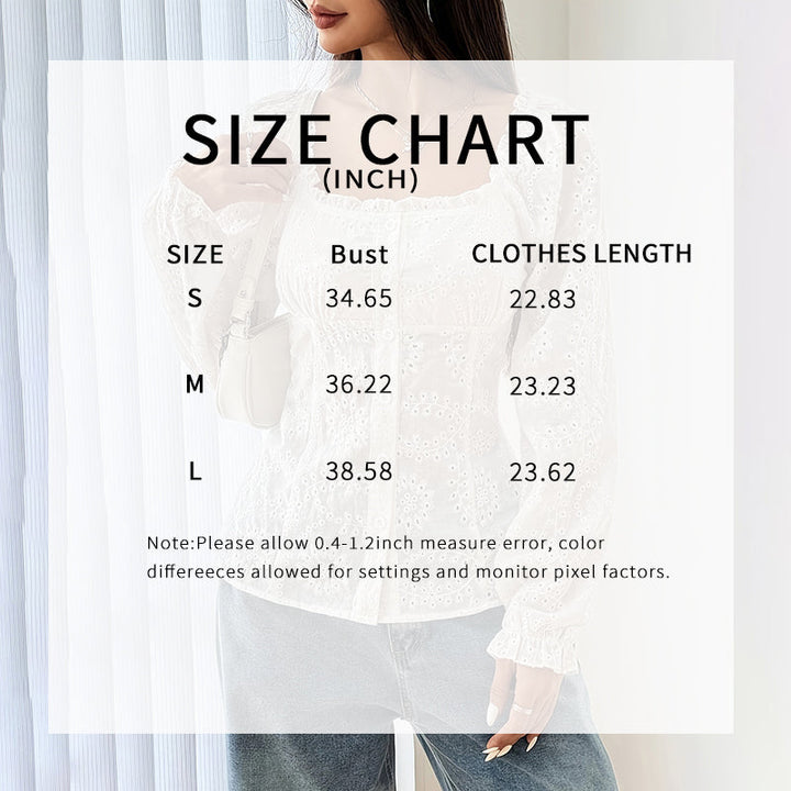 Women’s Square Neck Eyelet Lace Blouse – Puff Sleeve Hollow-Out Button Top