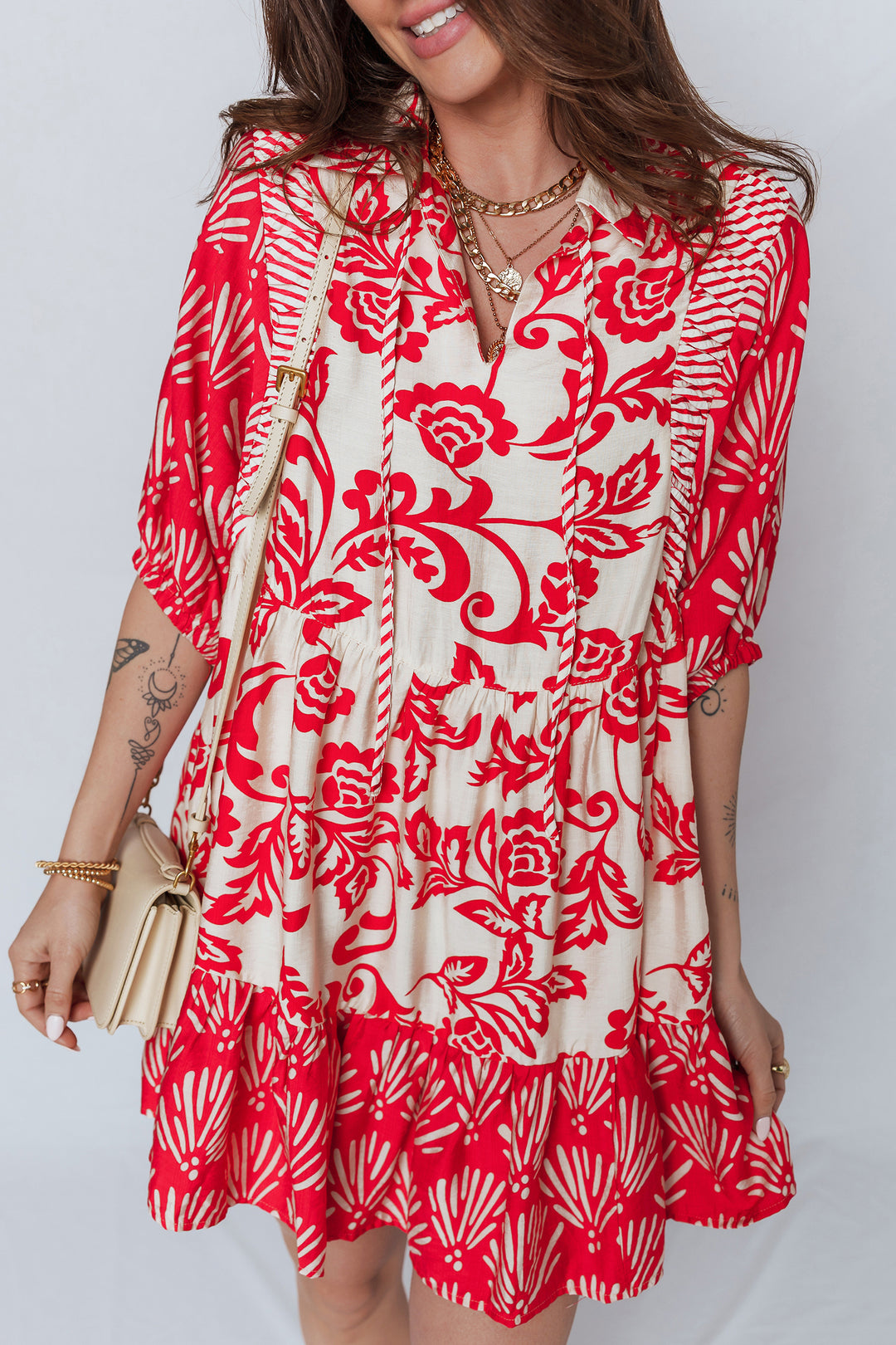 Red Collared V Neck Half Sleeve Loose Flower Mini Dress