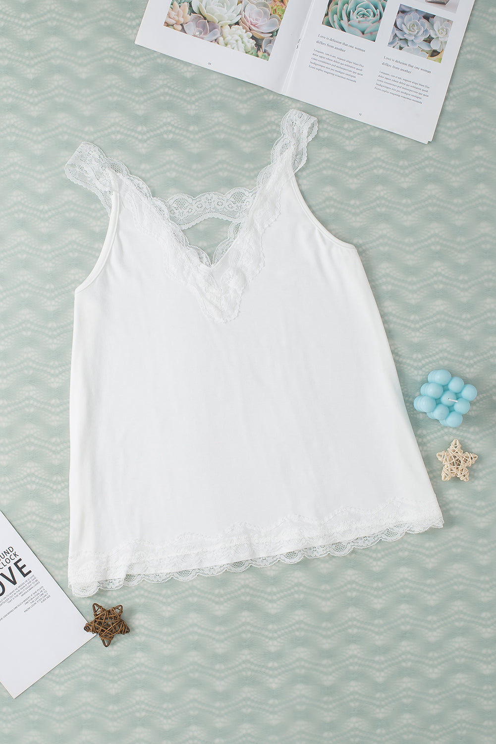 White Delicate Lace Trim Flared Tank Top