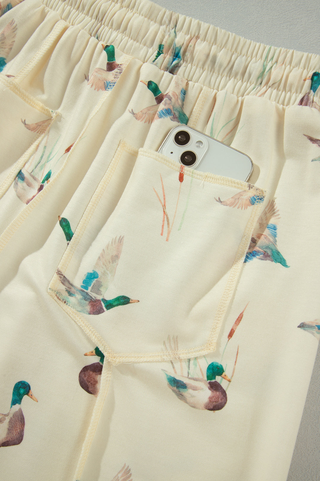 Beige Duck Print Short Sleeve Top Pocket Pants 2pcs Casual Set