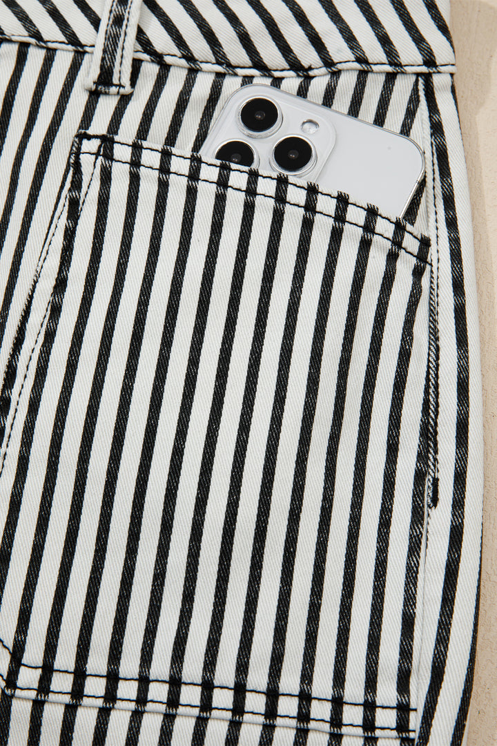 Black Stripe Patch Pocket High Waist Shift Denim Jeans