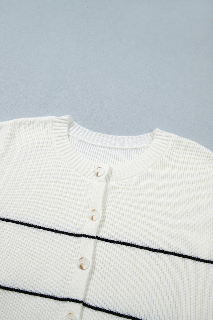 White Stripe Short Sleeve Button Front Shift Cardigan