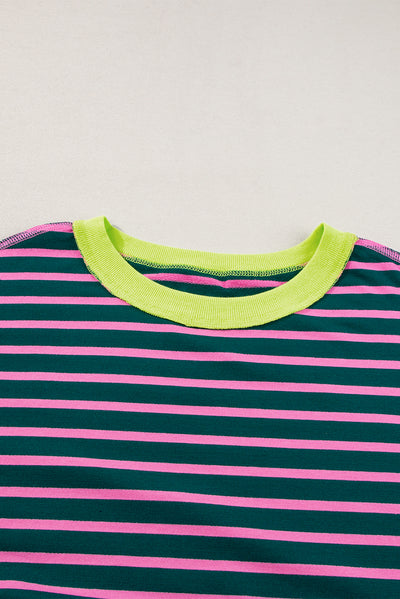 Green Stripe Oversized Contrast Trim Exposed Seam High Low T Shirt